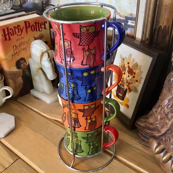 Pier 1 Dining Retro Pier One Hand Painted Stacking Owl Mugs Set Of